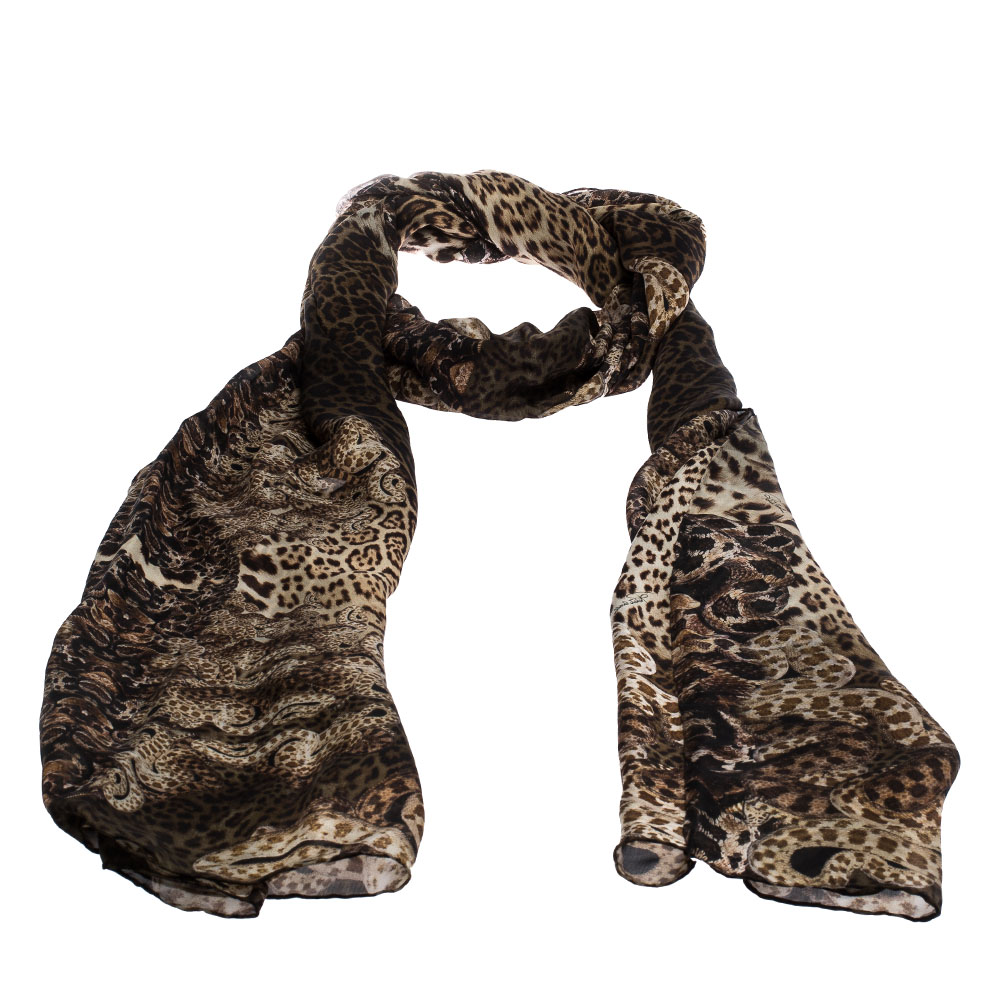 

Roberto Cavalli Brown Leopard Snake Print Silk Scarf