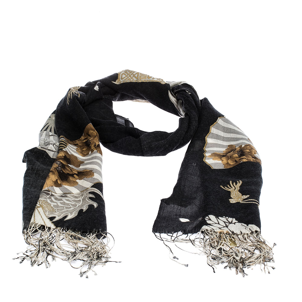 

Roberto Cavalli Black & Brown Floral Printed Cashmere Blend Scarf