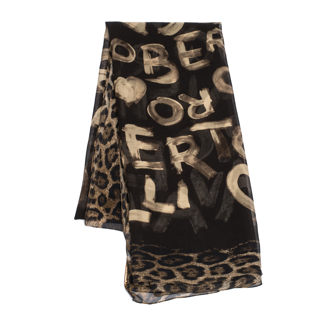 Pre Owned Roberto Cavalli Brown Monogram Animal Print Silk Stole