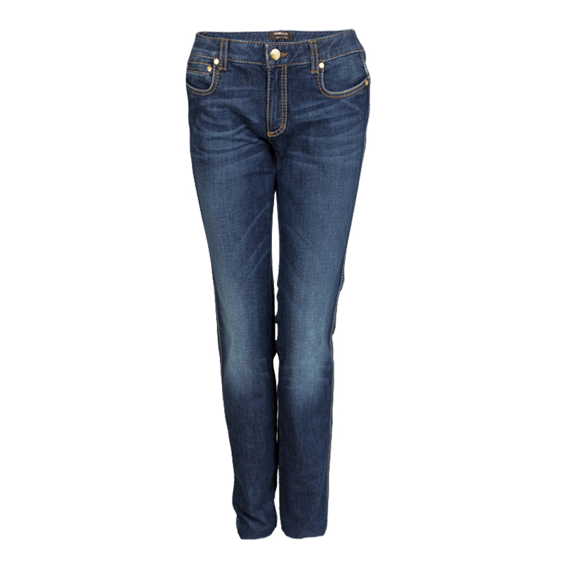 مملوكة مسبقًا بنطلون جينز روبرتو كافالي نيو إيفا أزرق داكن نمط باهت M