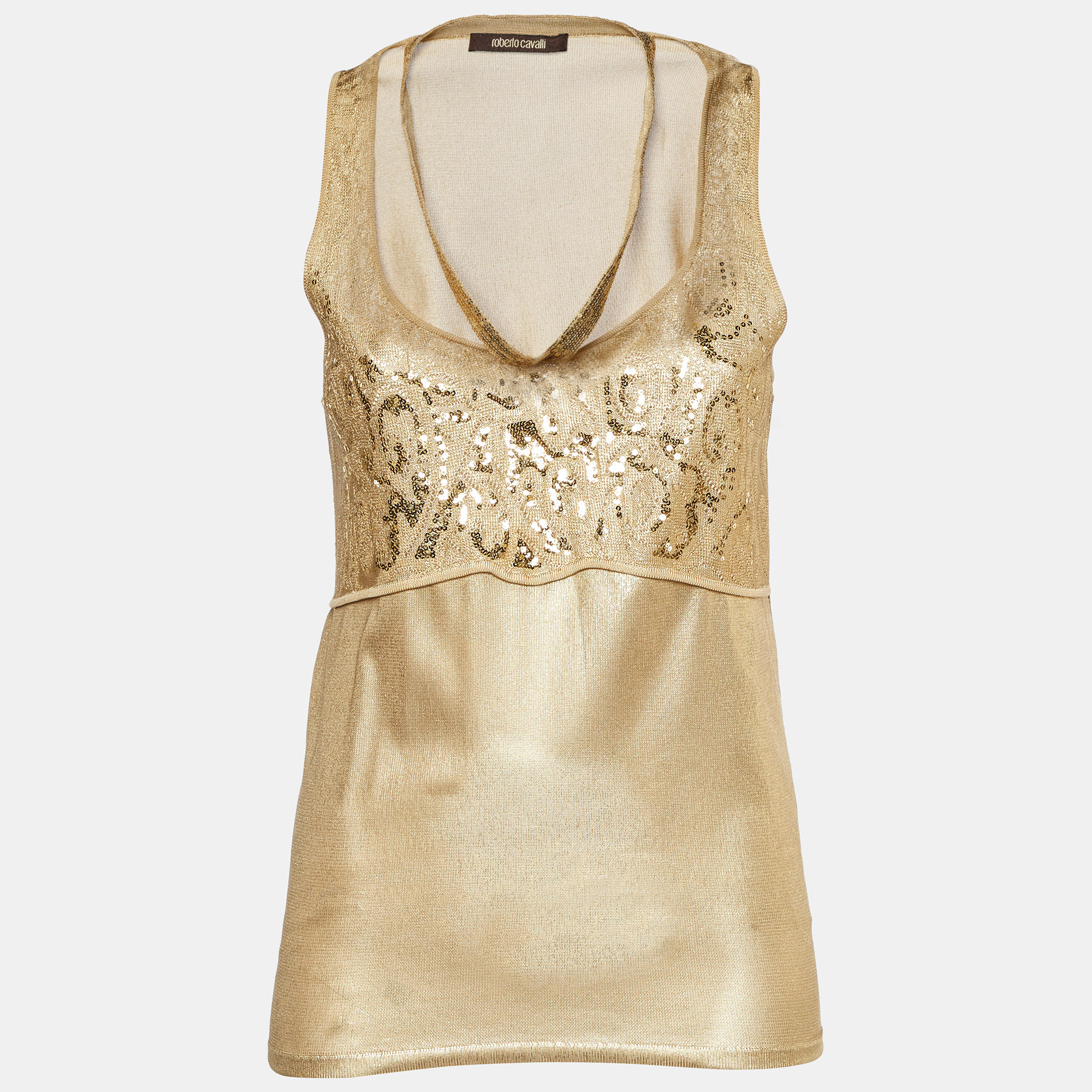 

Roberto Cavalli Gold Knit Sequin Embellished Sleeveless Top M