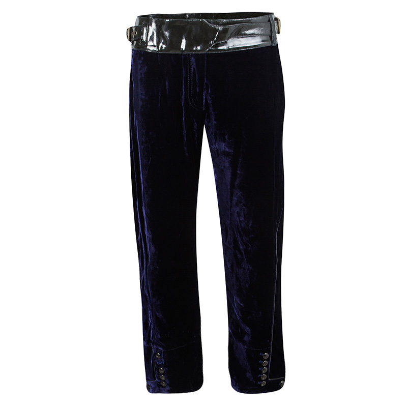 Pre Owned Roberto Cavalli Navy Blue Velvet Leather Trim Detail Belted Capri Pants M