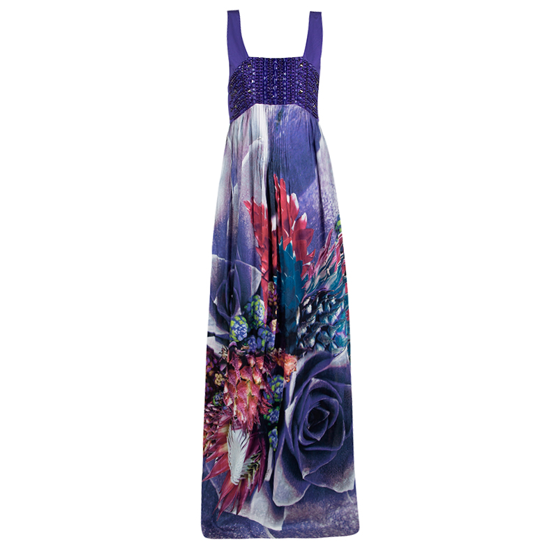 Roberto Cavalli Multicolour Floral Printed Embellished Bodice Sleeveless Maxi Dress M