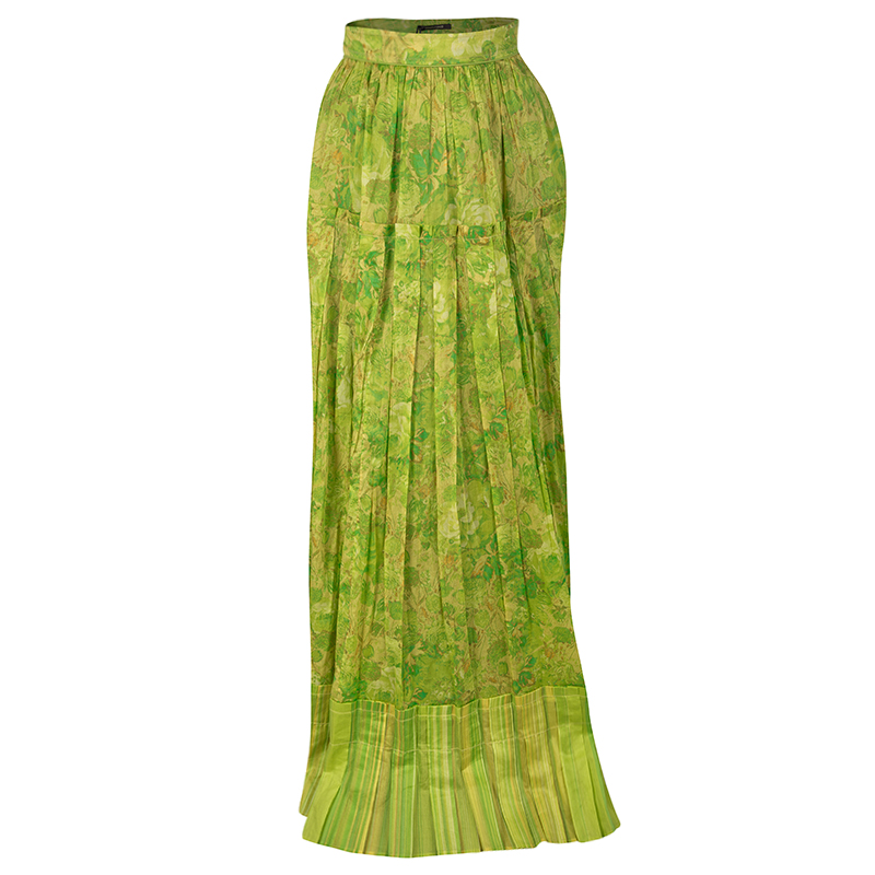 Pre Owned Roberto Cavalli Green and Yellow Floral Printed Cotton Pleat Detail Maxi Skirt M