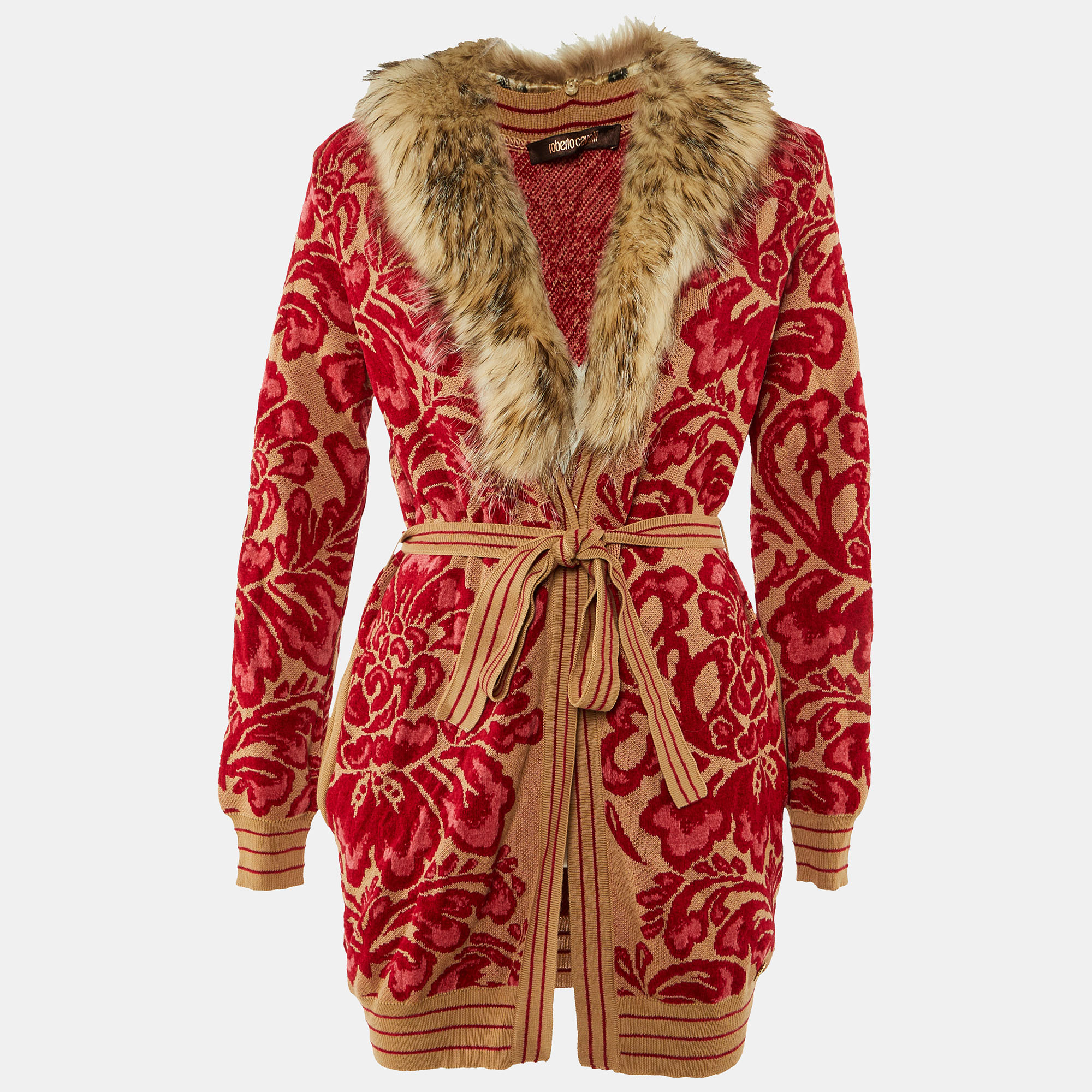 Roberto Cavalli Beige/Red Floral Jacquard Knit Detachable Fur Collar Cardigan M