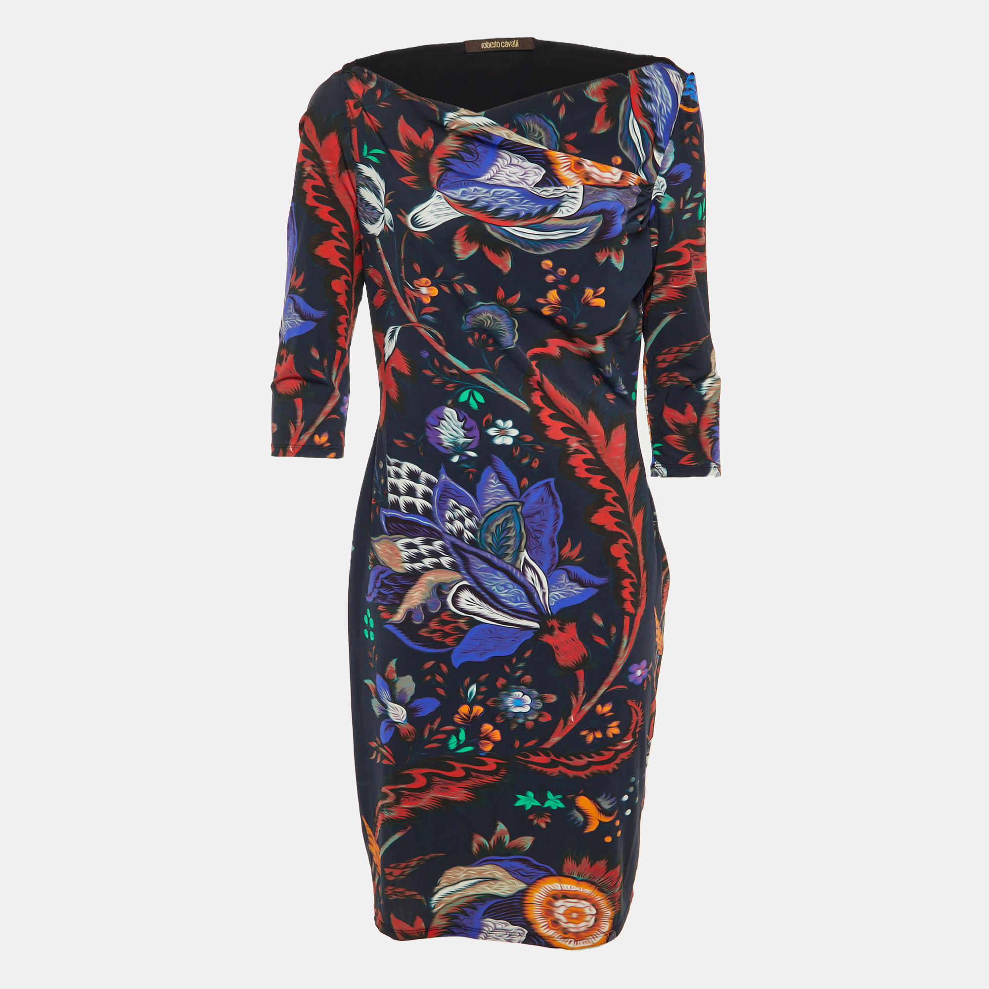 

Roberto Cavalli Midnight Blue Printed Jersey Knee Length Dress L, Navy blue