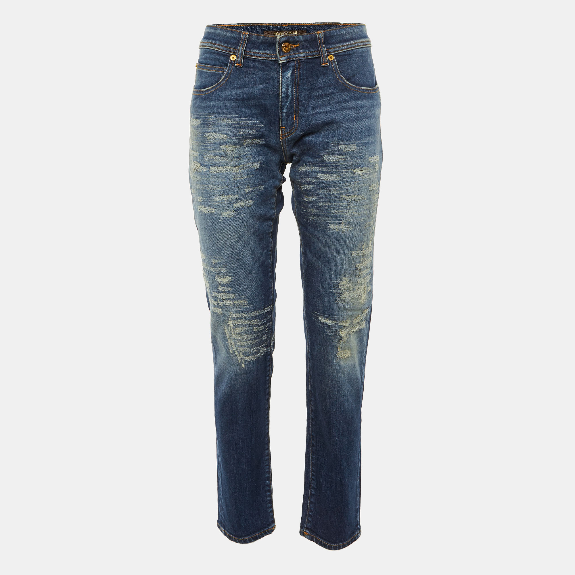 Pre-owned Roberto Cavalli Blue Denim Distressed Skinny Jeans M/waist 32"