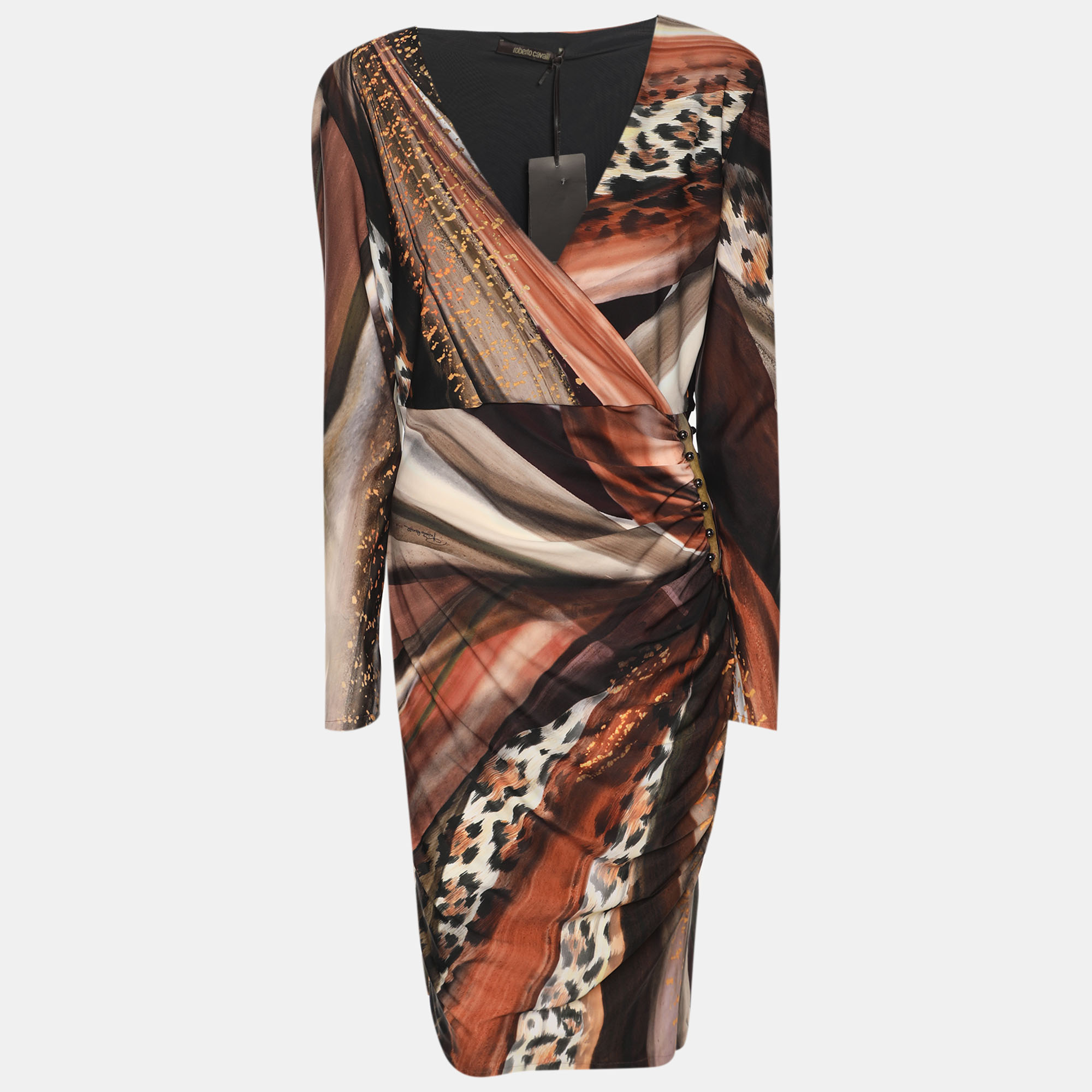 Pre-owned Roberto Cavalli Multicolor Animal Print Stretch Crepe Piercing Draped Midi Dress L