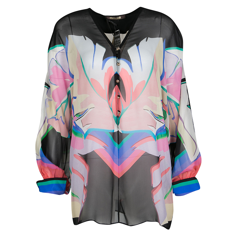 Pre Owned Roberto Cavalli Multicolor Printed Silk Long Sleeve Sheer Blouse M
