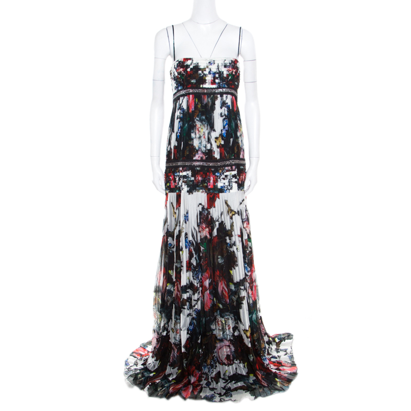 Pre Owned Roberto Cavalli Floral Printed Pleated Silk Chain Detail Maxi Dress L