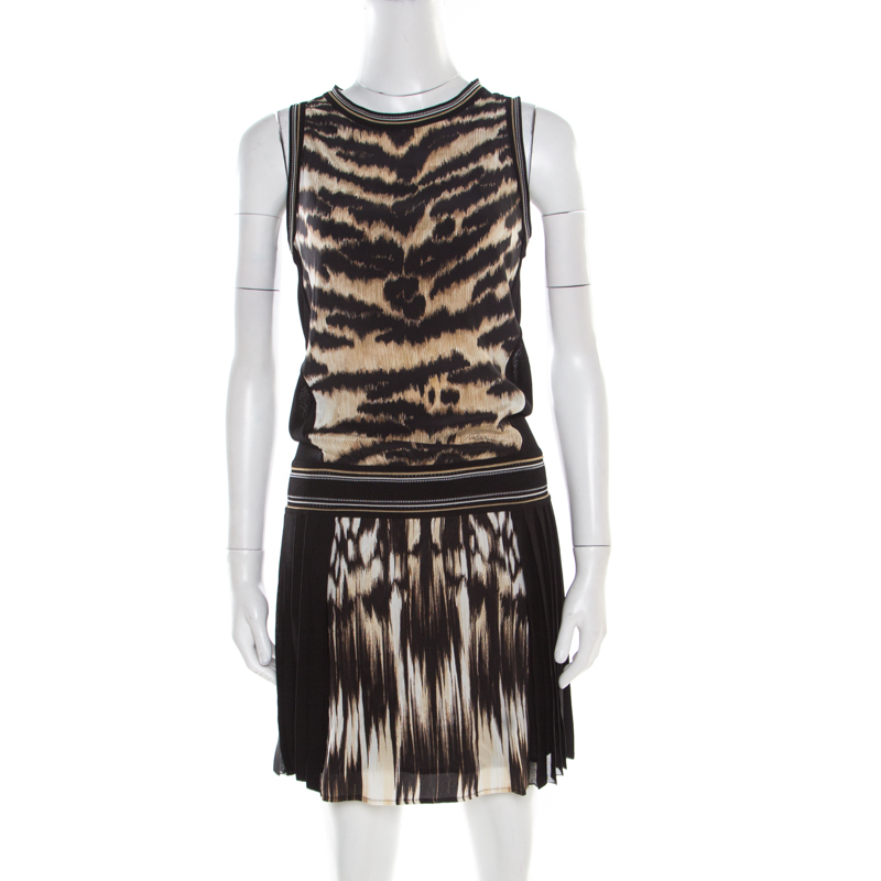 

Roberto Cavalli Black and Brown Animal Printed Silk Pleated Sleeveless Dress