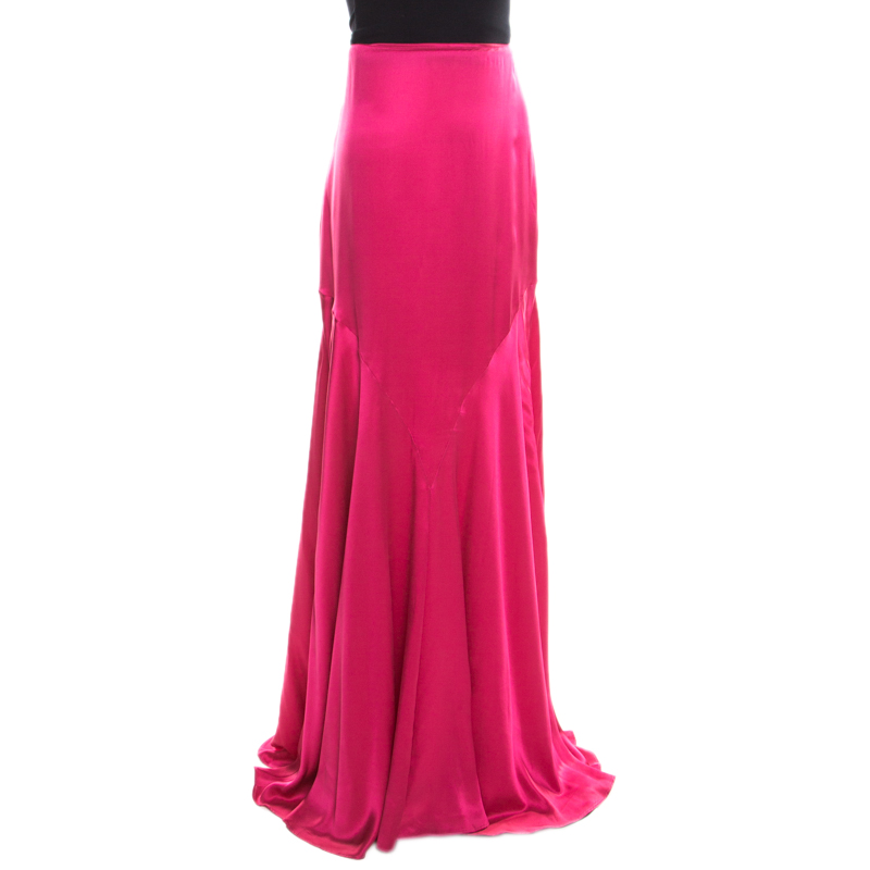 

Roberto Cavalli Magenta Pink Silk Satin Flared Maxi Skirt