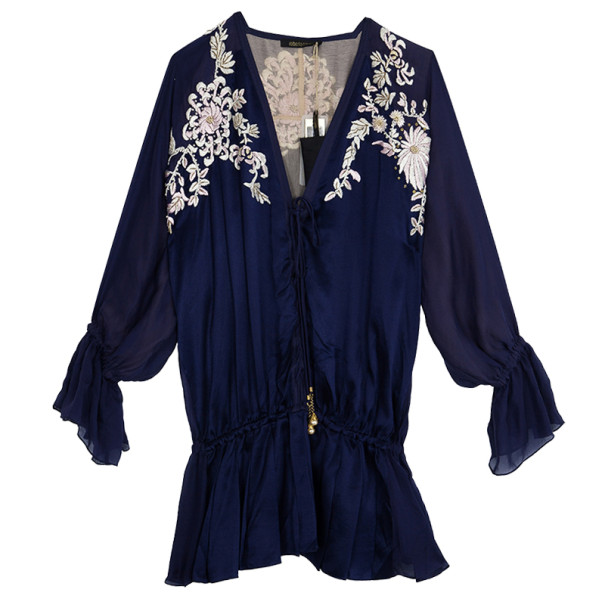 Pre Owned Roberto Cavalli Silk Embroidered Kaftan Top S
