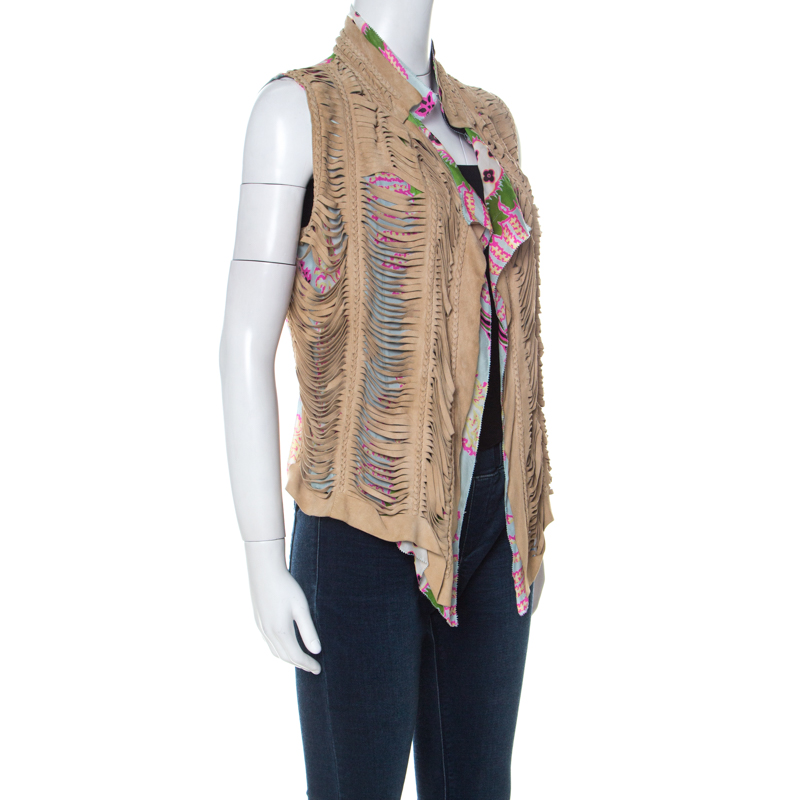 Pre-owned Roberto Cavalli Multicolor Printed Silk And Beige Suede Overlay Sleeveless Vest M