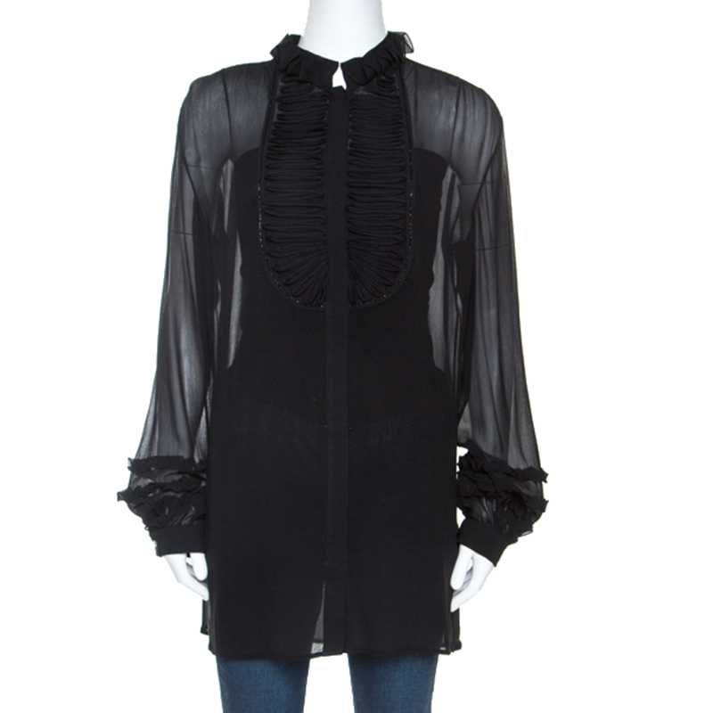 Pre Owned توب روبرتو كافالي تفاصيل طية مغزول شيفون أسود M