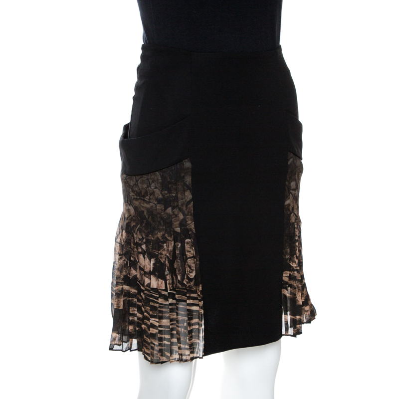 

Roberto Cavalli Black Crepe Pleated Print Panel Detail Skirt