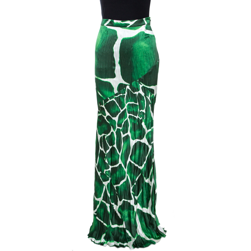 Pre-owned Roberto Cavalli Green Printed Silk Flared Maxi Skirt M