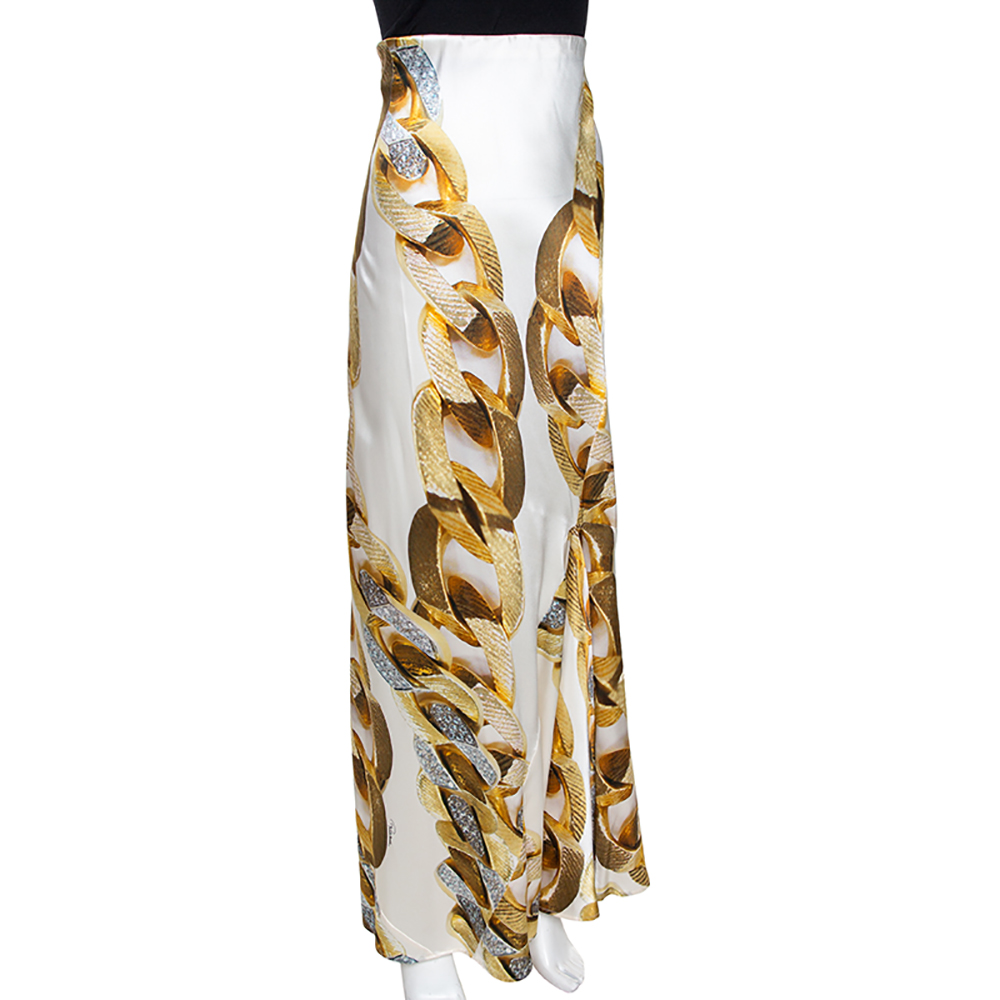 

Roberto Cavalli Cream Gold Chain Print Silk Satin Maxi Skirt