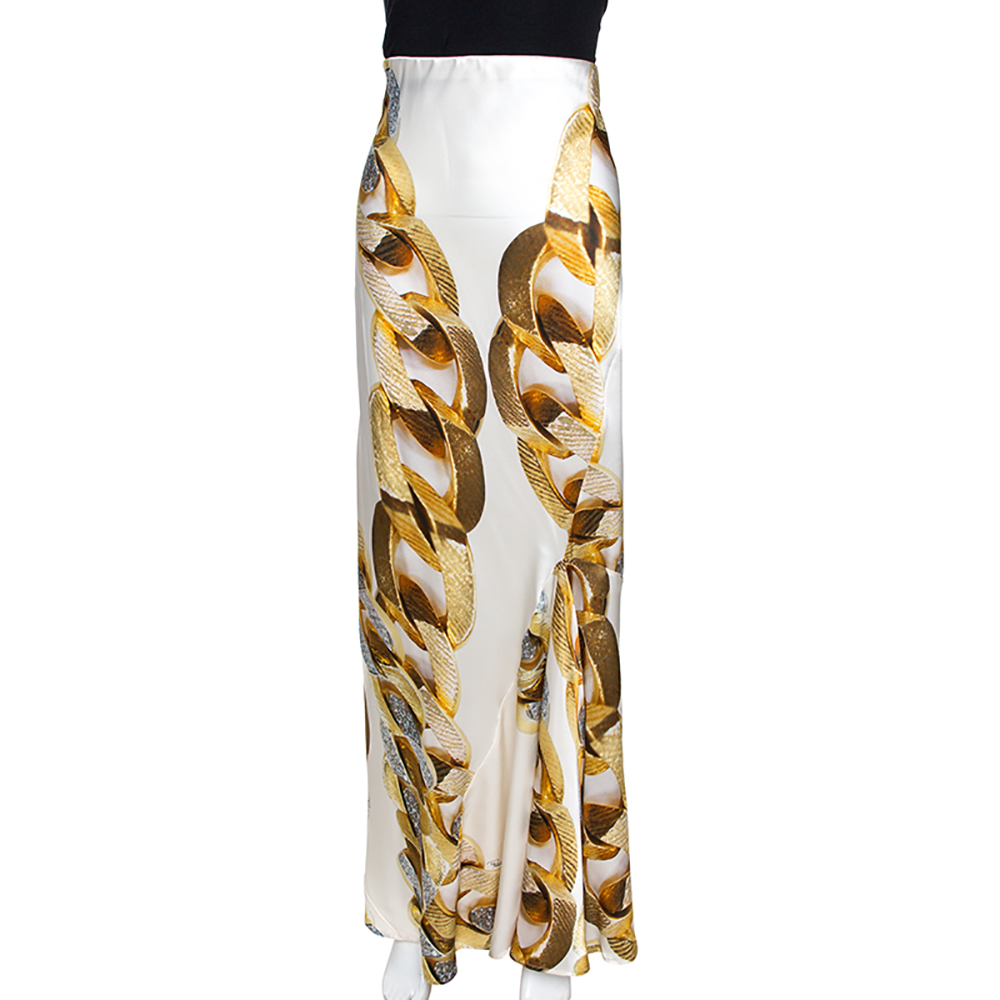Pre-owned Roberto Cavalli Cream Gold Chain Print Silk Satin Maxi Skirt L