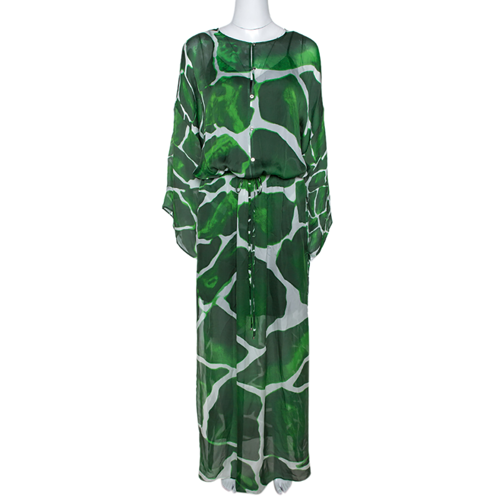 مملوكة مسبقًا Roberto Cavalli Green Gaia Print Silk Chiffon Kaftan M