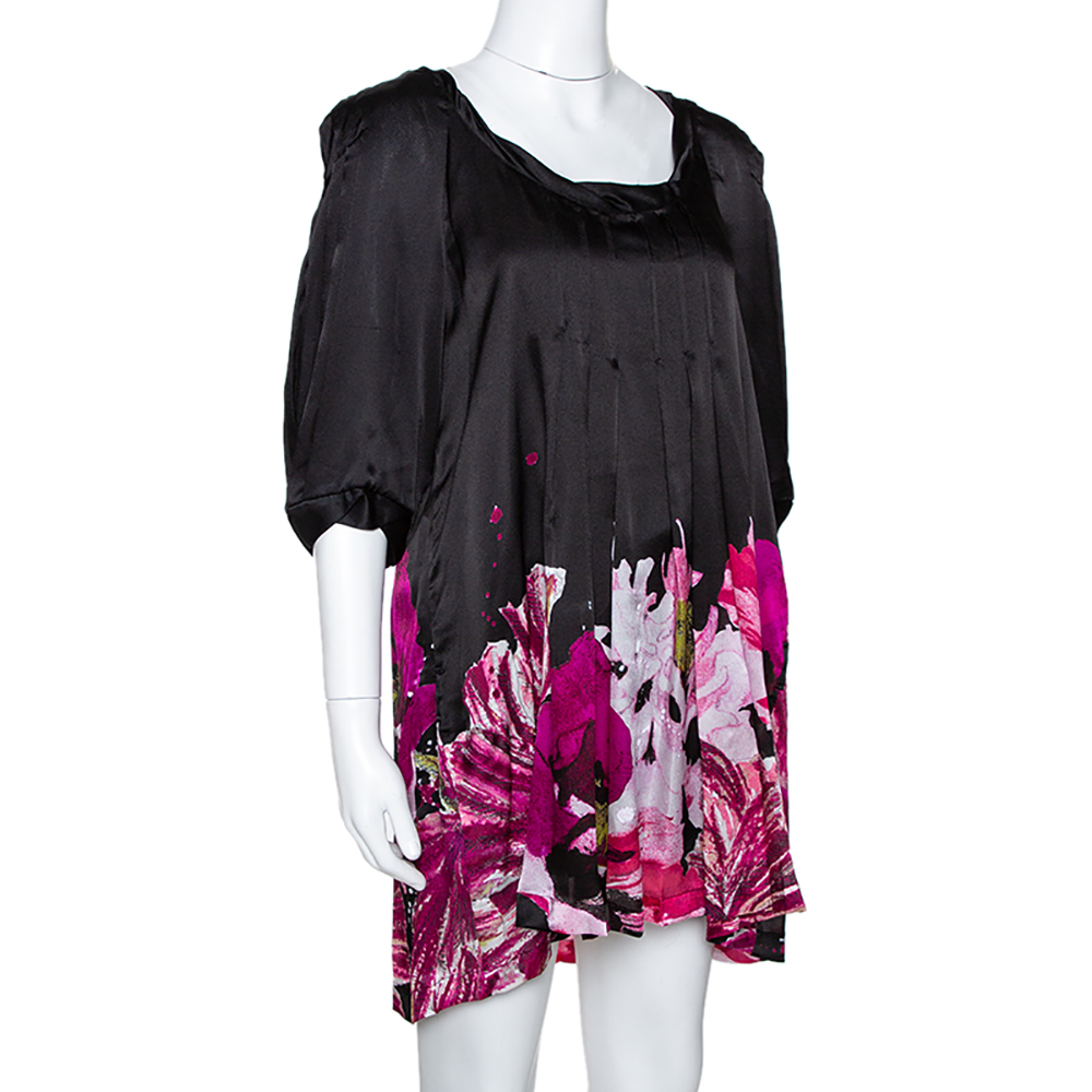 

Roberto Cavalli Black & Fuschia Floral Printed Silk Pleated Mini Dress