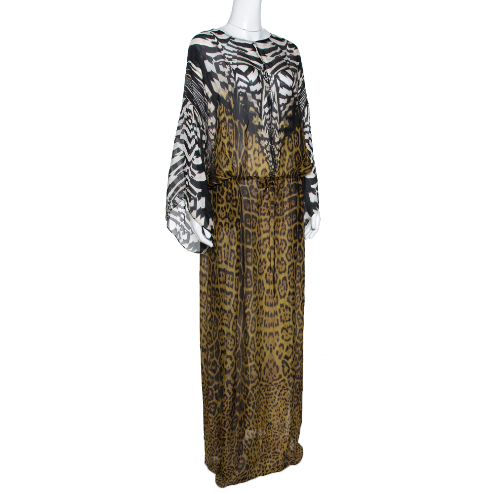 

Roberto Cavalli Black & Green Animal Print Silk Maxi Dress