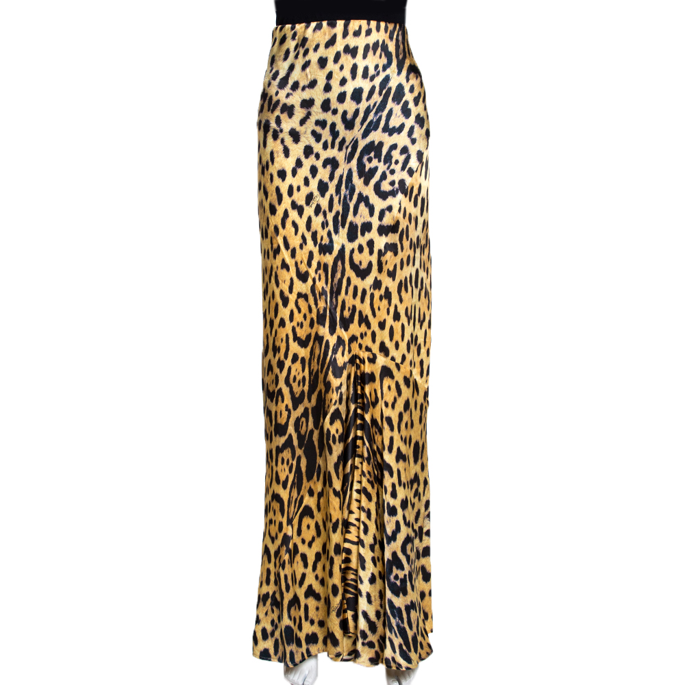 Pre Owned Roberto Cavalli Brown Animal Printed Silk Flared Maxi Skirt L