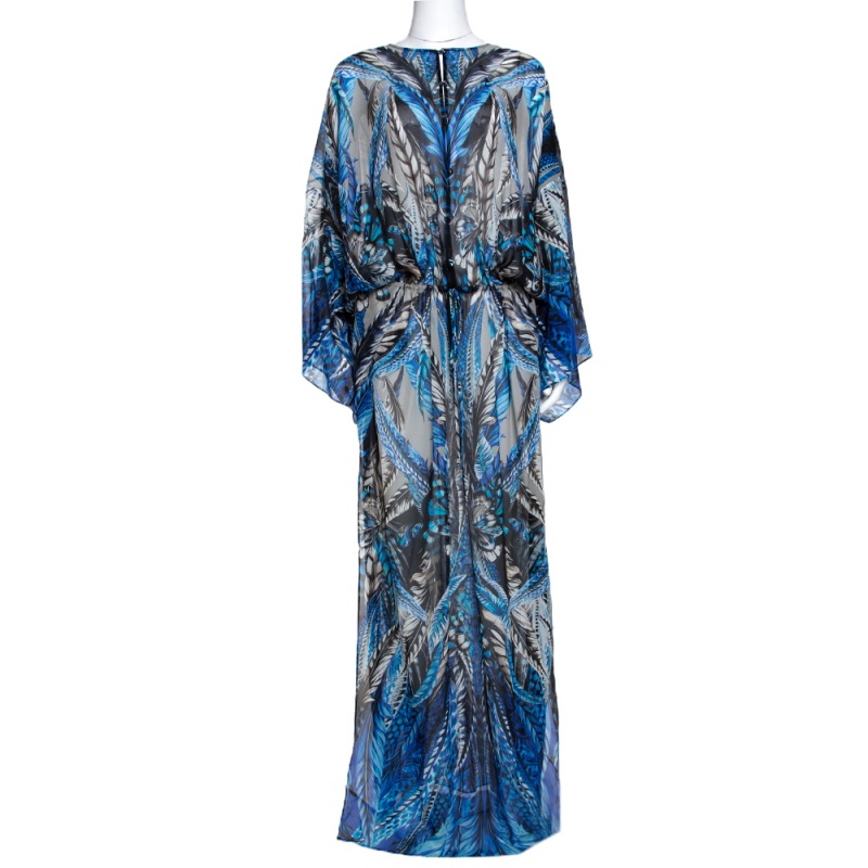 Pre Owned Roberto Cavalli Blue Floral Print Silk Maxi Dress L