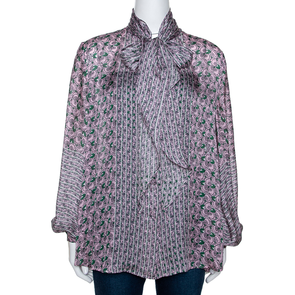 Pre Owned Roberto Cavalli Pale Pink Rose Print Silk Sheer Blouse L