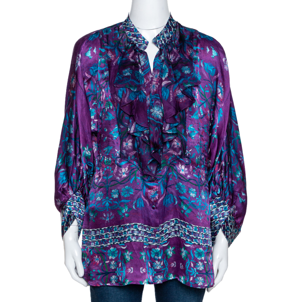Pre Owned Roberto Cavalli Purple Floral Print Silk Ruffled Blouse L