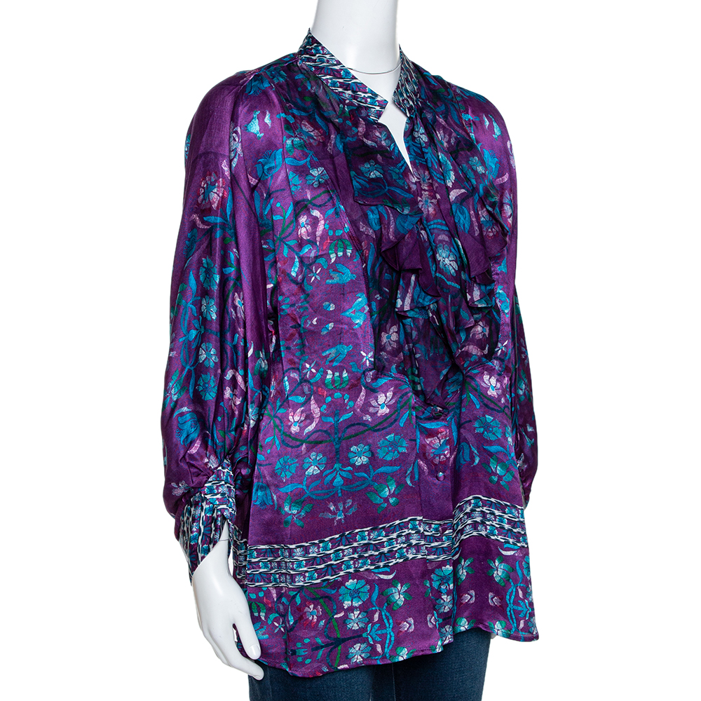 

Roberto Cavalli Purple Floral Print Silk Ruffled Blouse