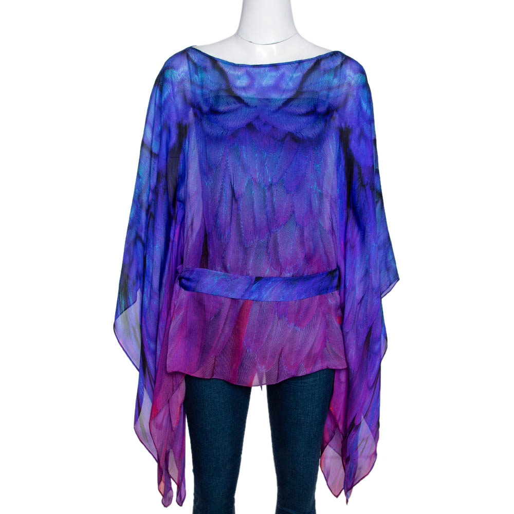 مملوكة مسبقًا Roberto Cavalli Purple Printed Silk Belted Sheer Kaftan Top M