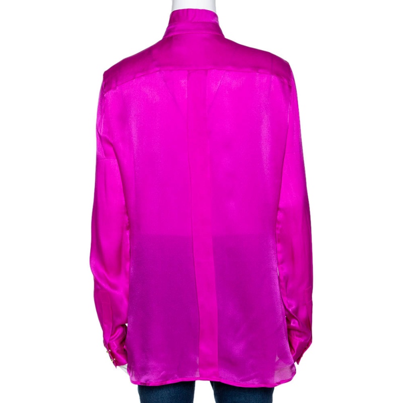 

Roberto Cavalli Fuschia Pink Silk Satin Bow Detail Blouse