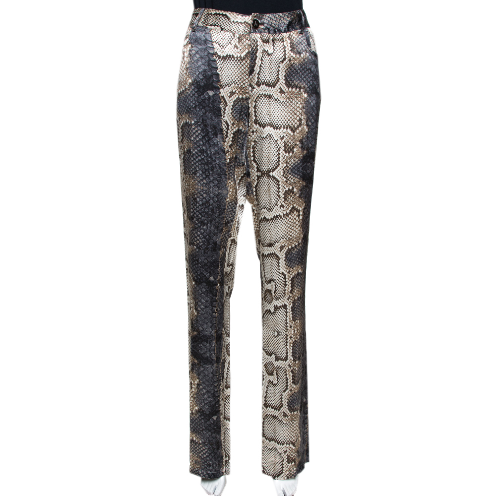 Pre Owned بنطلون روبرتو كافالي حرير نقشة جلد الثعبان مطبوع أرجل مستقيمة مقاس كبير (لارج)