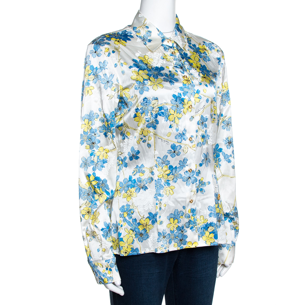 

Roberto Cavalli White Floral Printed Stretch Silk Button Front Shirt