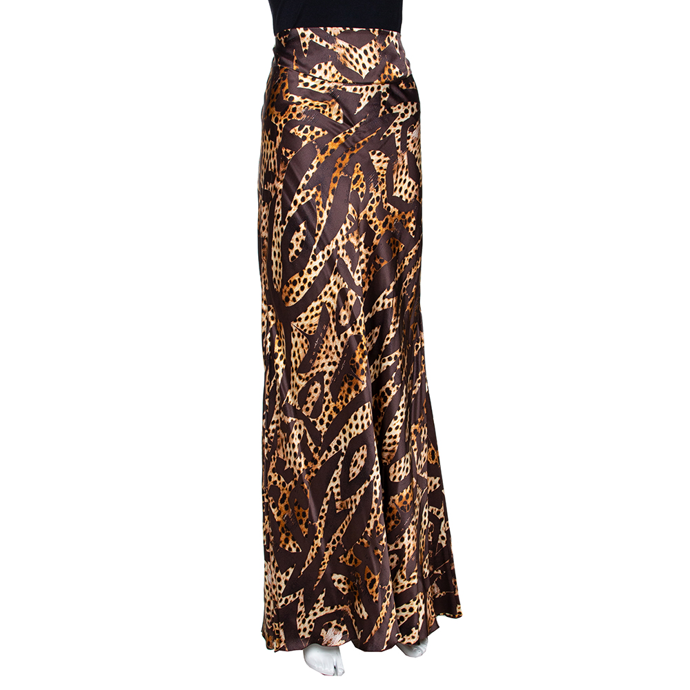 

Roberto Cavalli Brown Animal Print Silk Satin Maxi Skirt