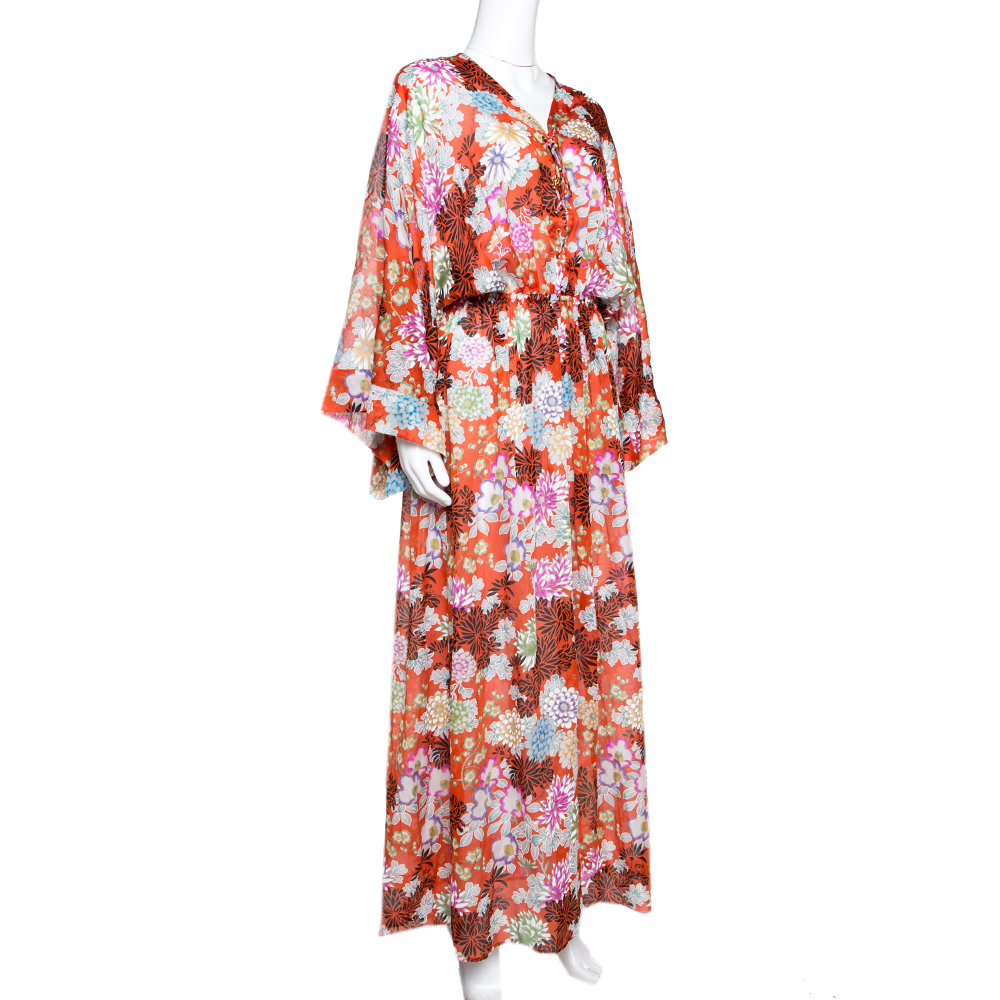 

Roberto Cavalli Orange Floral Print Silk Front Slit Detail Maxi Kaftan