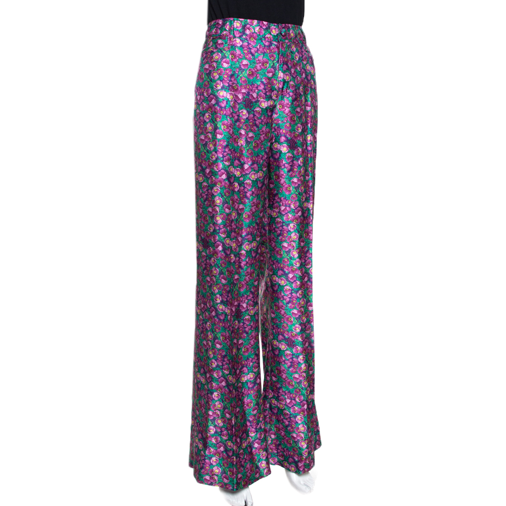 

Roberto Cavalli Pink Floral Print Silk Wide Leg Pants