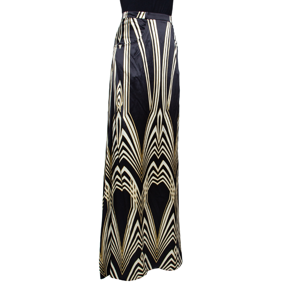 

Roberto Cavalli Black Optical Print Silk Satin Maxi Skirt