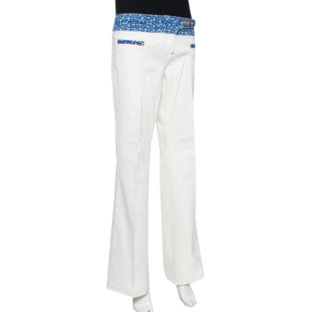 

Roberto Cavalli White Denim Printed Trim Flared Jeans