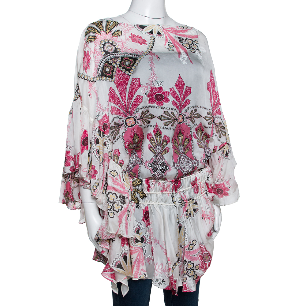 

Roberto Cavalli Pink & White Printed Silk Ruffled Tiered Top