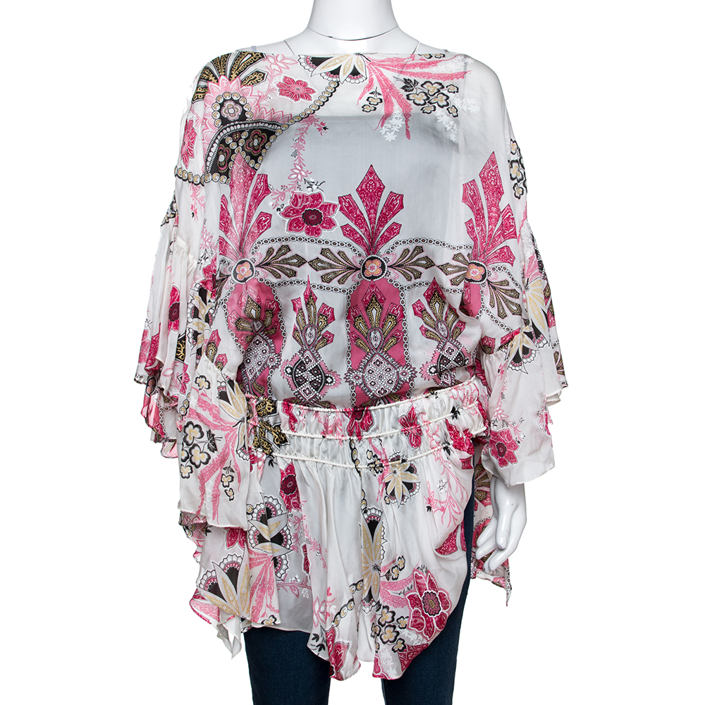 مملوكة مسبقًا توب روبرتو كافالي حرير وردي وأبيض مطبوع بكشكشة طبقات مقاس متوسط (ميديوم)