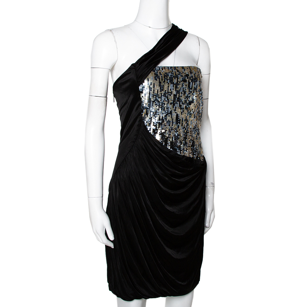 

Roberto Cavalli Black Knit Sequined & Draped One Shoulder Dress