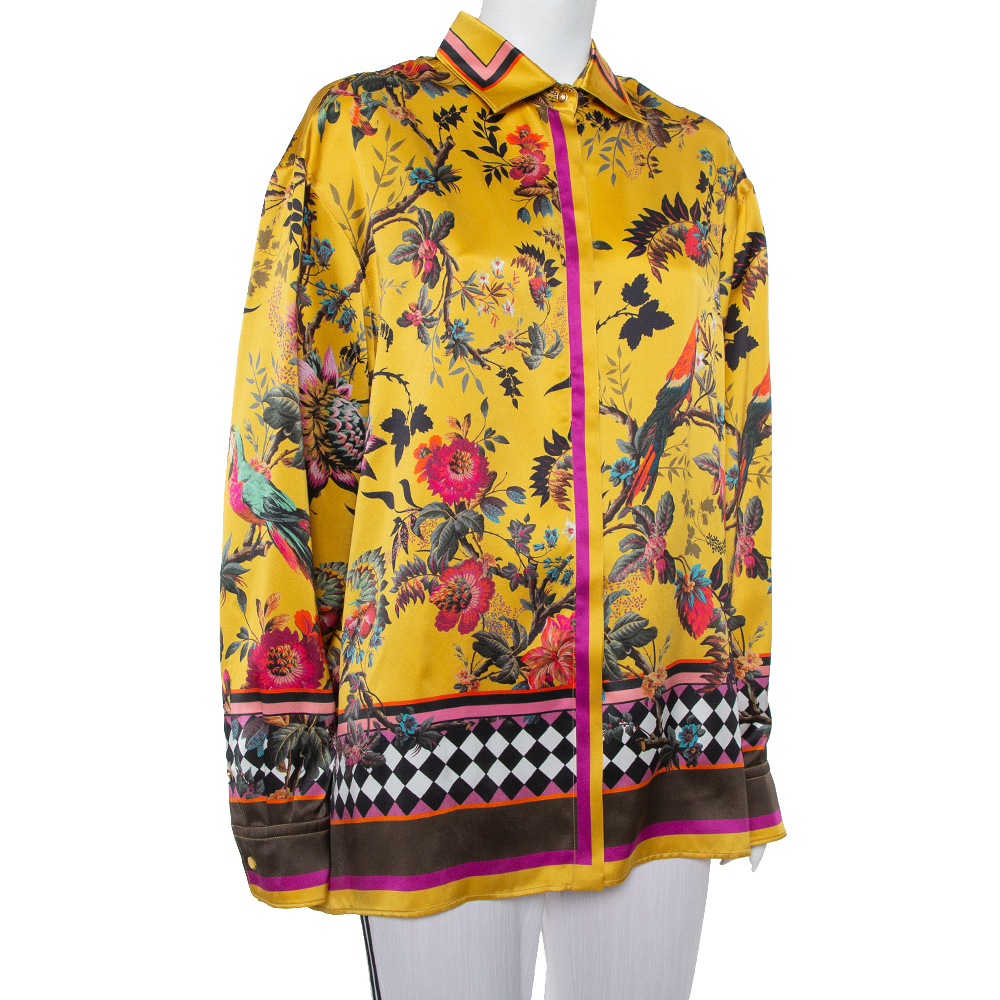 

Roberto Cavalli Yellow Tropical Printed Silk Button Front Shirt
