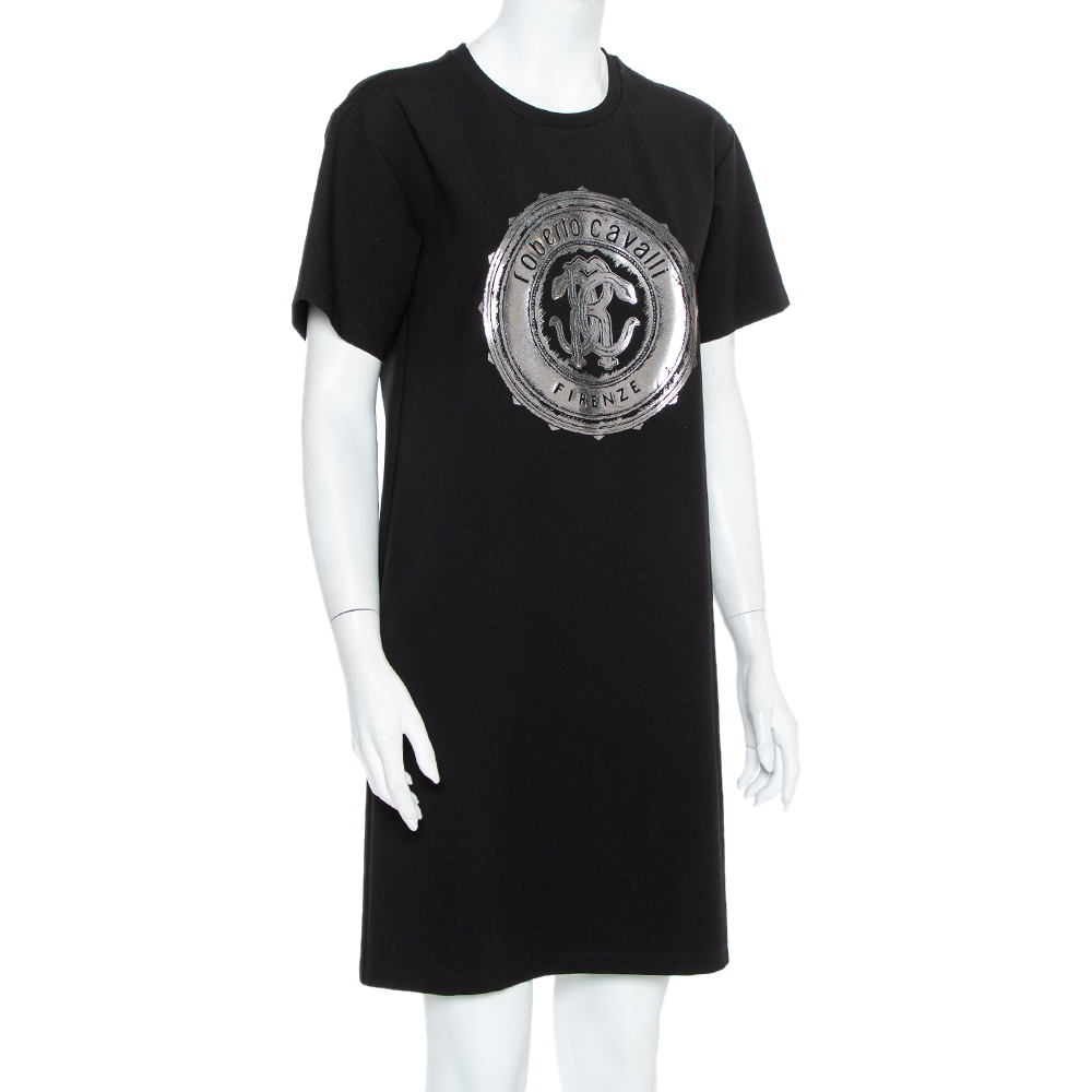 

Roberto Cavalli Black Logo Printed Knit T-Shirt Dress