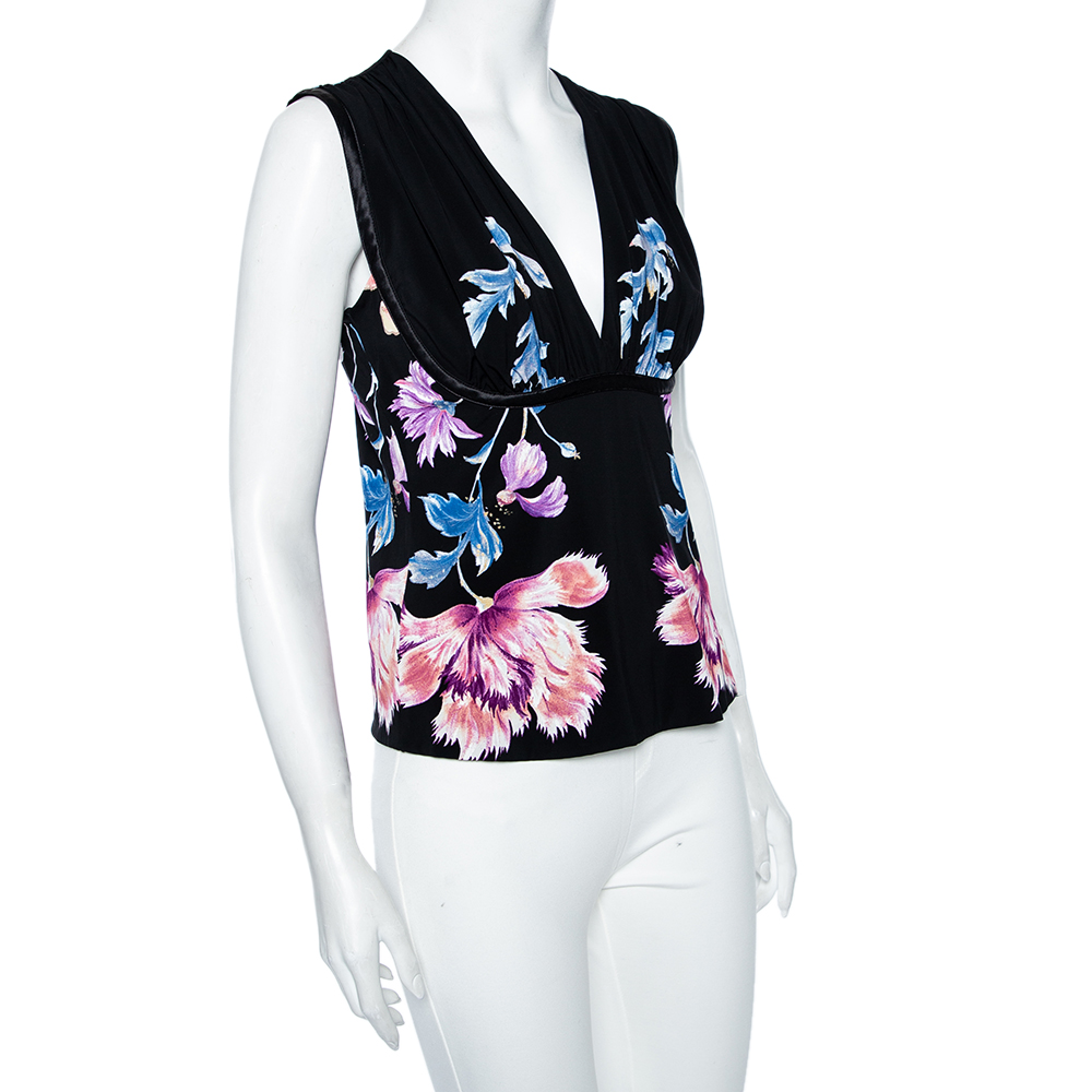 

Roberto Cavalli Black Floral Printed Jersey Sleeveless Blouse