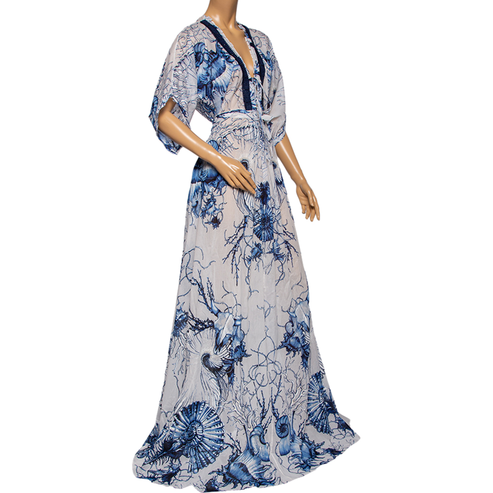 

Roberto Cavalli White & Blue Printed Cotton Embellished Detail Maxi Dress