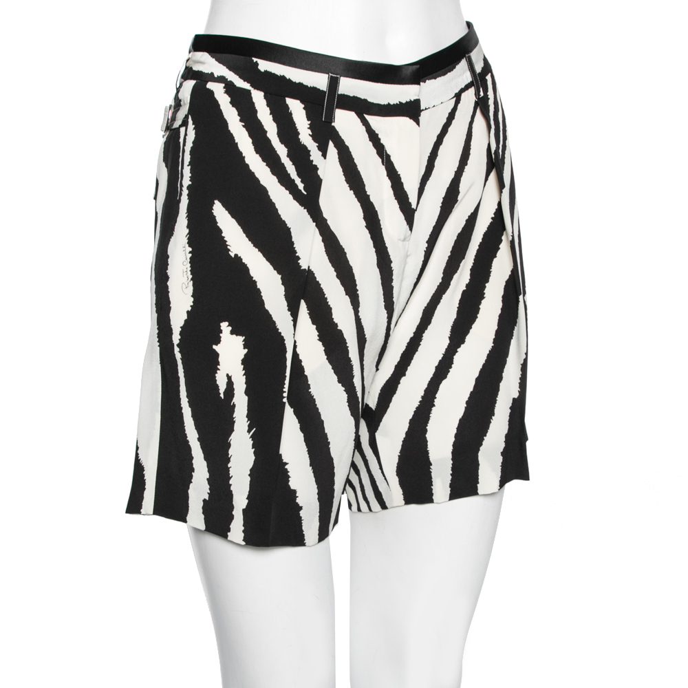 

Roberto Cavalli White and Black Zebra Printed Pleated Silk Shorts