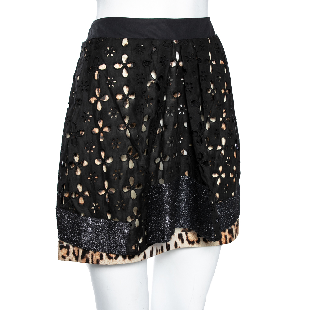 

Roberto Cavalli Black Cutwork & Animal Printed Cotton Pleated Mini Skirt