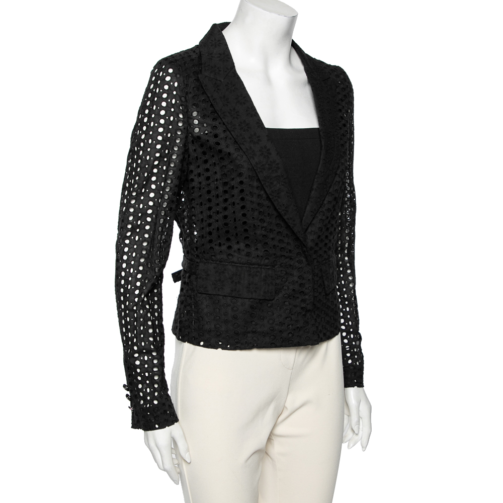 

Roberto Cavalli Black Cutwork Cotton Button Front Blazer